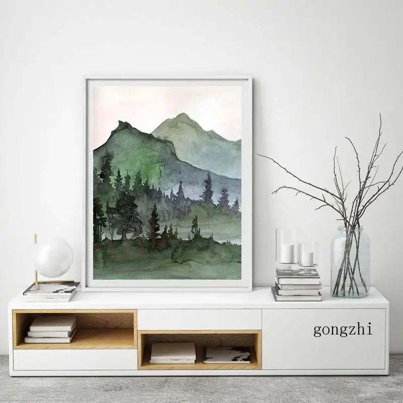 Natura Montagne Tela Pittura Ad Acquerello Foresta Paesaggio Poster E Stampe Immagini Per Pareti Per Soggiorno Decorazioni Per La Casa
