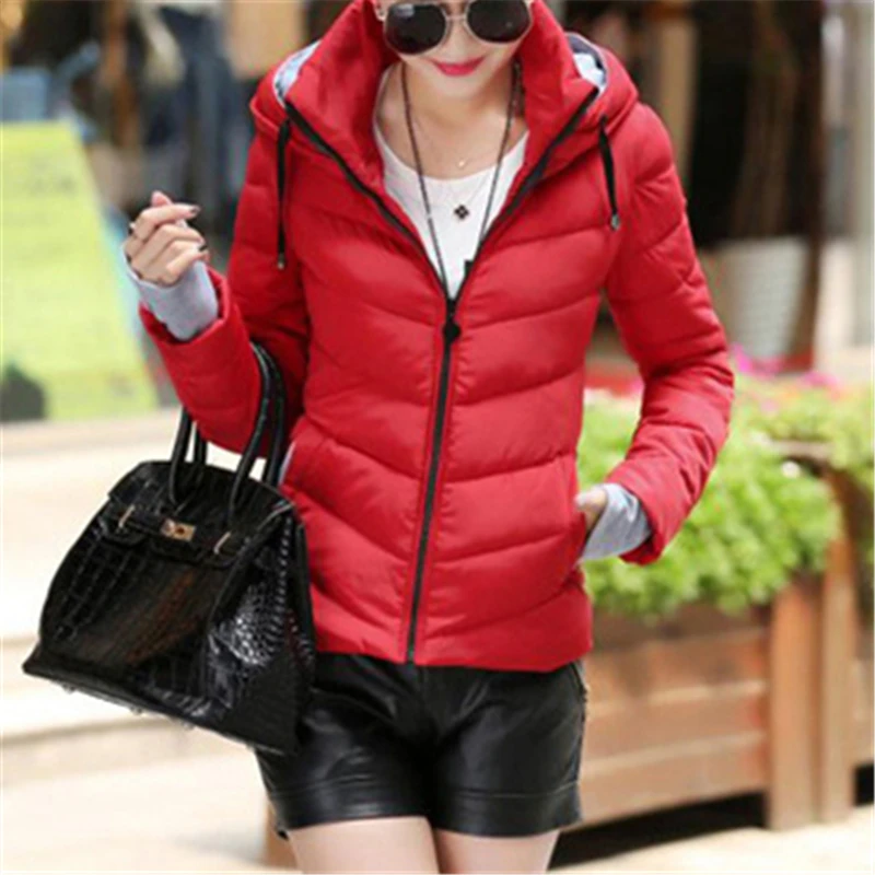 womens red padded jacket with fur hood