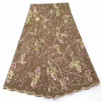 

Glod Color nigerian Lace Fabrics high quality african sequence lace fabric 2020 velvet sequin lace fabric For Wedding Party SL02