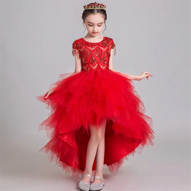 

High-Grade Children Girls Bright Red Color Birthday Wedding Party Princess Tail Prom Dress Kids Fashion Tassel Decoration Dress