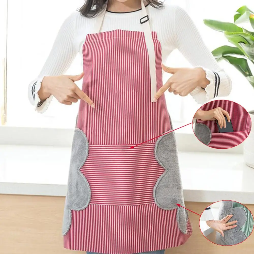 Waterproof Oil-proof Stripes Print Kitchen Apron with Absorbent Towel Cooking Gown Women Men Cafe Shop Apron Bibs