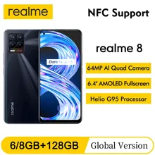 Global Version realme 8 6.4"FHD+ AMOLED Display 6/8GB 128GB 64MP Quad Camera Helio G95 5000mAh Battery 30W Charge NFC Phone