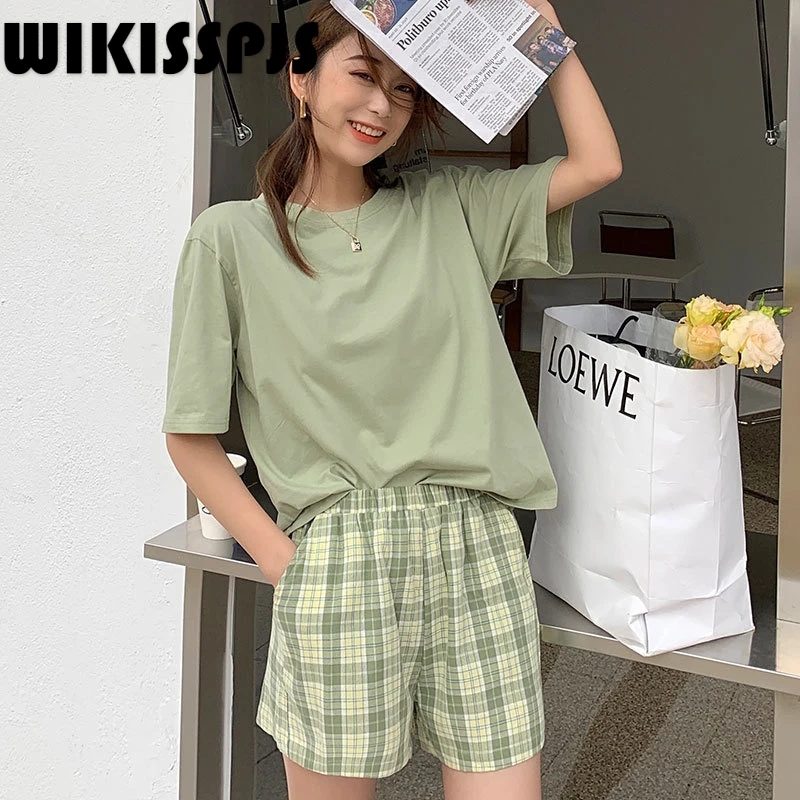 

2022 New pajama set women Summer new style plaid house home furnishing clothes loose and simple home ladies suits sleepwear