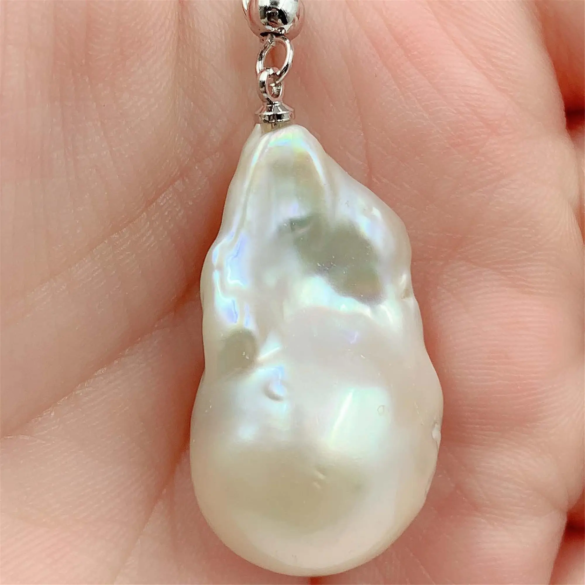 

18x32mm White Baroque Pearl Pendant Silver Necklace 18 inches Women Jewelry Cultured Real Accessories Flawless