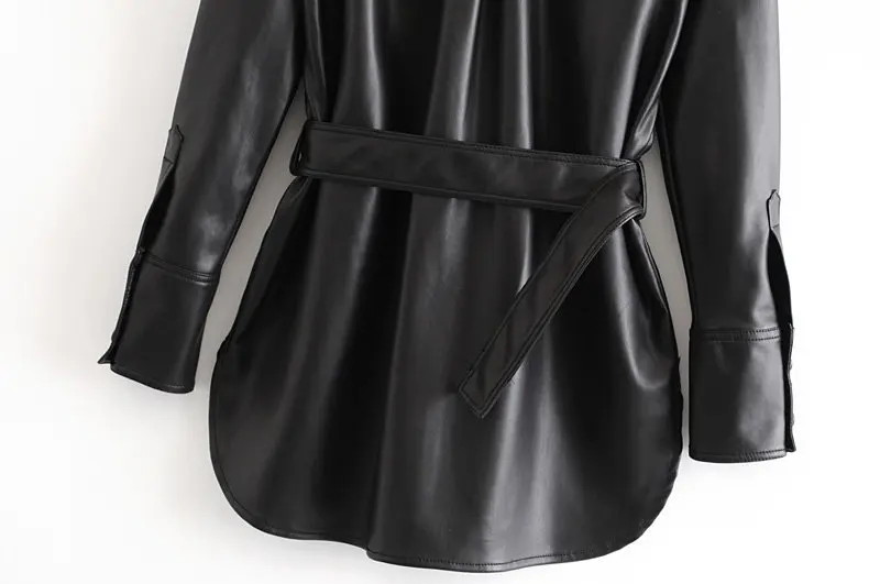 Faux Leather Coats Women Fashion Slim PU Jackets Women Elegant Tie Belt Waist Pockets Buttons Coats Female Ladies