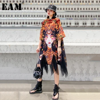

[EAM] Women Pattern Printed Mesh Big Size Dress New Stand Collar Three-quarter Sleeve Loose Fit Fashion Spring Summer 2020 1T080