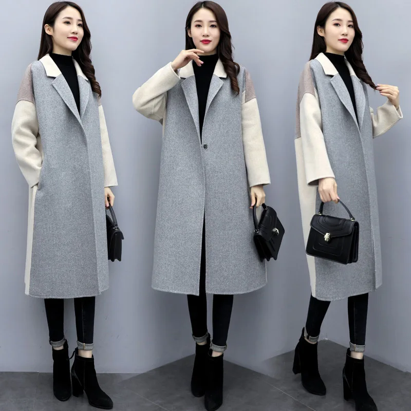 

2019 Autumn Mid-length One-Button Long Sleeve Raglan Sleeve Mixed Colors Joint Woolen Jacket Duffle Coat Women's