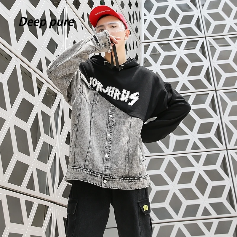 

men denim jacket hooded streetwear hip hop letter black Splicing Fashion Rap cool clothing good quality2020new