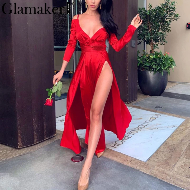 Женское атласное платье с открытыми плечами Glamaker красное Элегантное летнее
