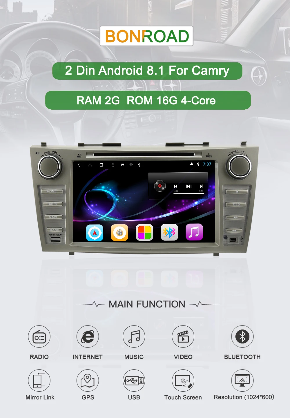 Top Bonroad 8" 2Din Android 8.1 Car DVD Video Radio GPS Navigation For Camry 2007-2011 Car multimedia playr Stereo Ram2G Rom16G 0 Top Bonroad 8" 2Din Android 8.1 Car DVD Video Radio GPS Navigation For Camry 2007-2011 Car multimedia playr Stereo Ram2G Rom16G 0