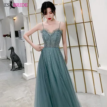 

Elegant Evening Dresses Long ES3132 Sequined A-Line V-Neck Spaghetti Strap Backless Tulle Sparkle Party Gowns Robe De Soiree