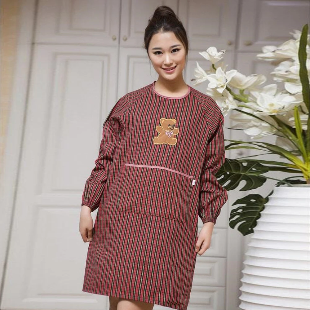 

Wrap Whole Body Apron Cute Bear Kit Kitchen Milktea Shop Housekeeping Restaurant Cook Bib Work Cloth Red Lattice Long Sleeves