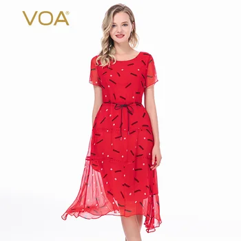 

VOA Red Printed Silk round Neck Short-Sleeved Double-Layer Lace-up Waist Hugging Slim Thin Breathable Dress AJ5