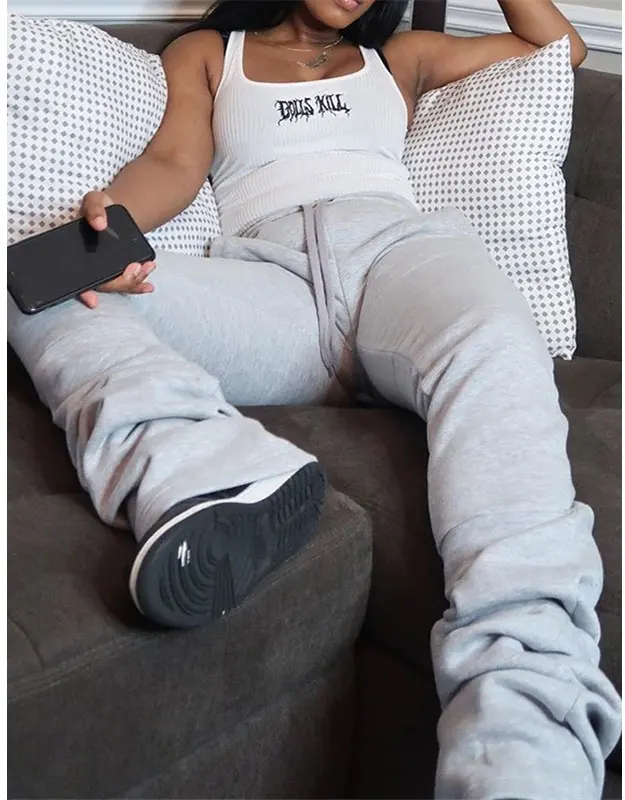 

Street Style Gray Sweatpants for Women Drawstring Casual Extra Long Stacked Pants 2020 Winter New Thick Warm Trousers Woman