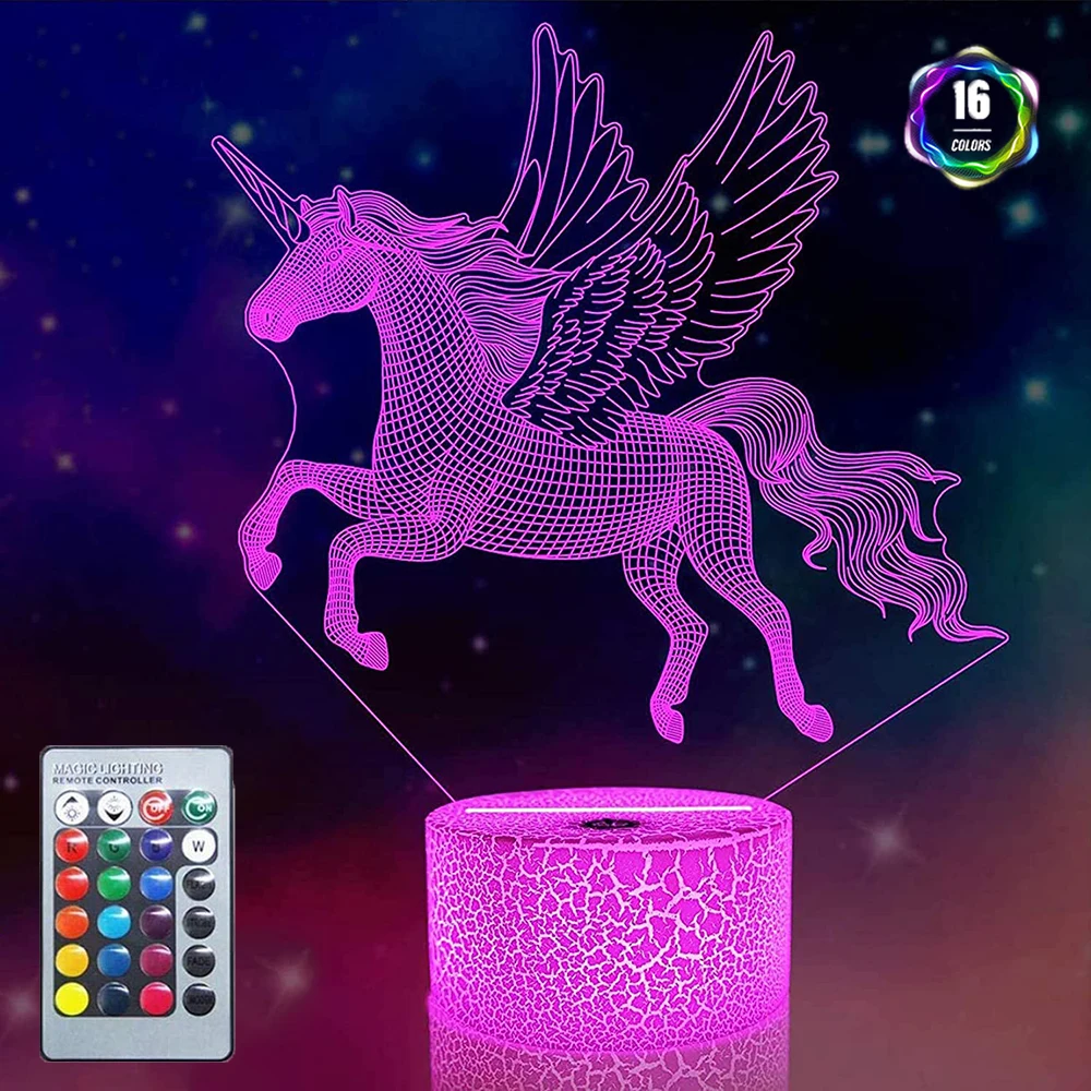 Details about   3D Illusion Pegasus 7 Color Led Remote Control Touch Sleeping Nightlight Light 