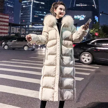 

Long Cotton Jacket 2019 New Female Winter Wear Loose Over The Knee Coat Large Fur Collar Solid Color Women Cotton Outwear JIU308