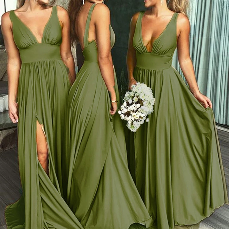 Deep V Neck Robe demoiselle d'honneur Sage Green /Champagen Bridesmaid Dresses Long Chiffon