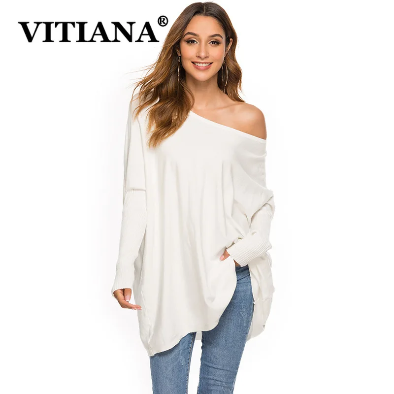 

VITIANA Women Loose Long Knitted Sweaters Autumn 2019 Female Batwing Sleeve Pullover Solid Black Casual Kniting Sweater Tops