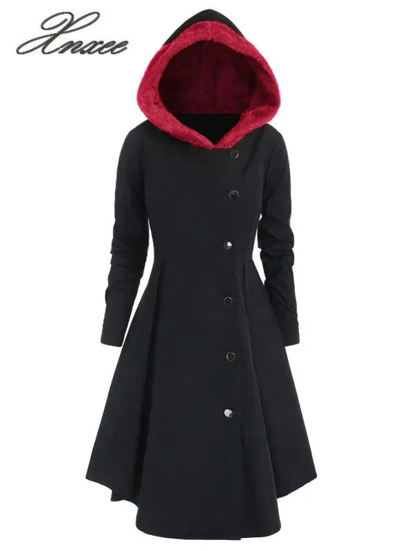 

Xnxee Winter Plus Size Asymmetric Fleece Contrast Color Block Single Breasted Hooded Skirted Women Coat Long Outwear Coats 4XL