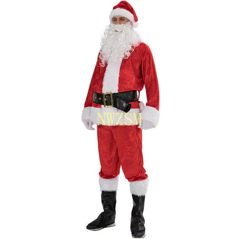 Mens Santa Costume Budget 5PCS Claus Father Christmas Suit Fancy Dress Costume 