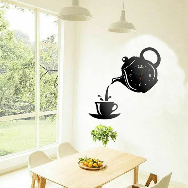 Creative Teapot Kettle Wall Clock, 3d Acrylic Coffee Tea Cup 22cm Black