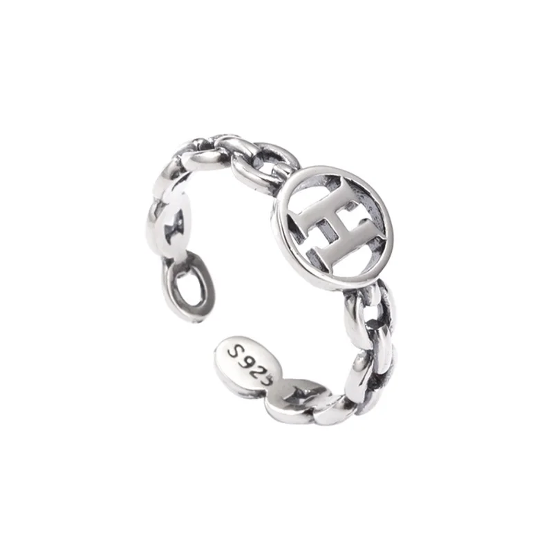 

Wedding Band Silver 925 Jewelry Round Design Initial Letter H Open Rings for Women Link Chain Open Rings Vintage Jewelry