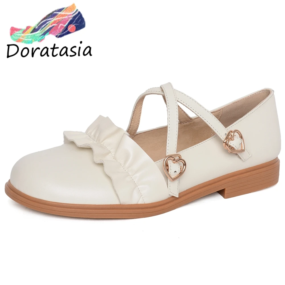 

DORATASIA Sweet Girl Cross Tied Round Toe Low Heels Flats Pleated Flats Women Metal Spring Casual Genuine Leather Shoes Woman