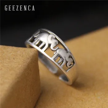 

925 Sterling Thai Silver Handmade Craft Elephant Resizable Open Ring Fine Jewelry for Women Vintage Ethnic Cute Ring Party Gift