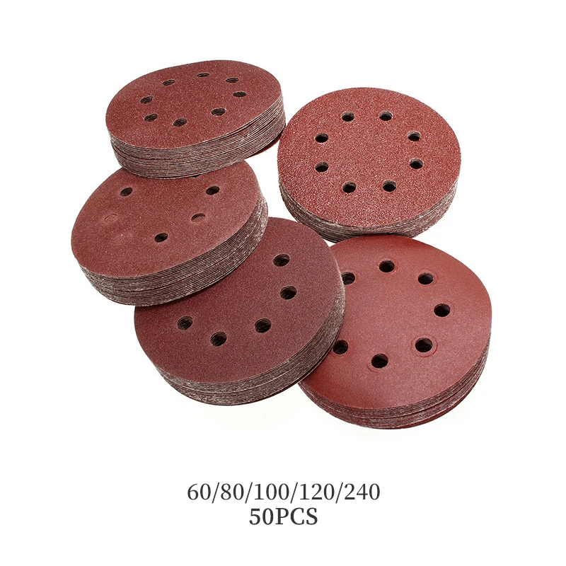 50PCS 5Inch 8 Hole Hook And Loop Round Sanding Disc Sandpaper 60-240 Grit Strong grinding force