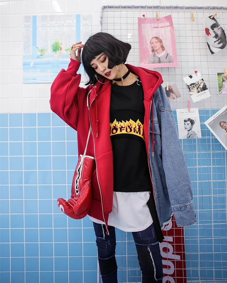 

Oversize Loose Hooded Denim Spliced Outfit Wear Women Contrast Color Blocked Long Coat BF Design Warm Fleece Cardigan