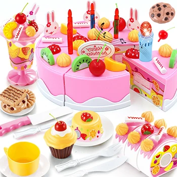Cocina De Juguete con forma De pastel DIY para niños, juego De simulación De comida, fruta De corte, Juguete educativo De cumpleaños, 76 Uds.