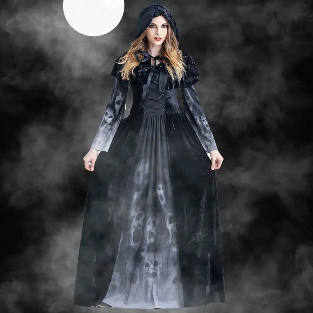 

Halloween Cosplay Costumes Scary Vampire Witch Costume for Women Medieval Victorian Masquerade Costume Black Fancy Maxi Dress