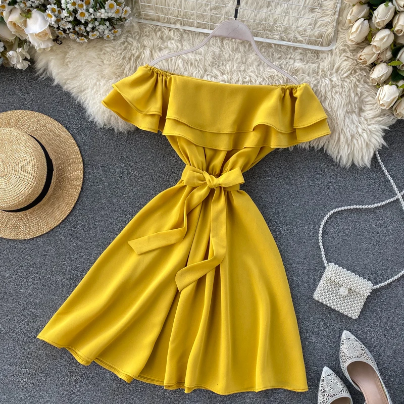 SINGRAIN Summer Women Off Shoulder Dress Bohemian Romantic Ruffle Sundress Party Holiday A-Line Retro Solid Chiffon Beach Dress