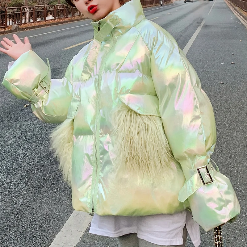 

Fashion Fluorescence Glossy Coat Standard Collar Oversized Short Jacket Winter Autumn Female Bright Jacket Warm Parkas Mujer