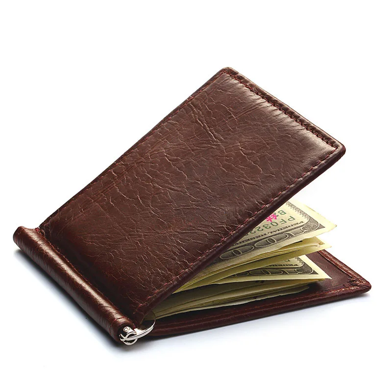 

Genuine Leather Men's Vintage Money Clip Male Bifold Purse Simple Billfold Wallet Men Clamp Slim Cash Purse Card Holder
