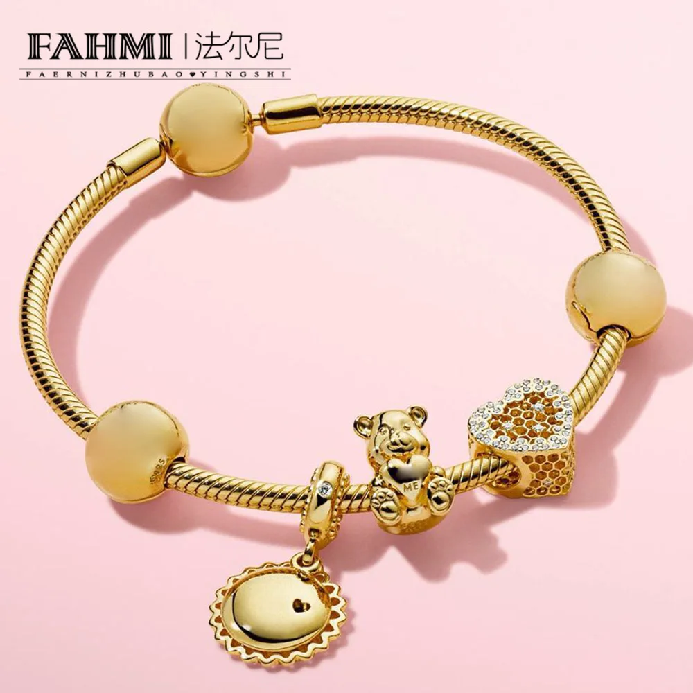 

FAHMI 100% 925 Sterling Silver SHINE YOU ARE MY SUNSHINE HANGING CHARM SHINE HONEYCOMB LACE CHARM Shine Bear Beads Bracelet Set