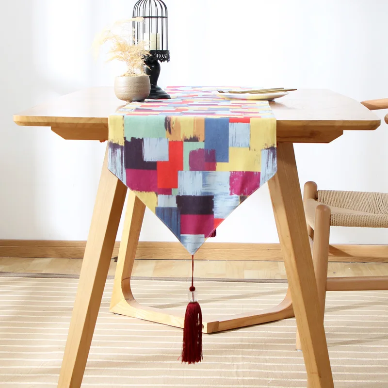 

Simple Modern Abstract Table Runner Cotton Linen Crafts Hipster Tassled Household Table Cloth Rectangular Tea Table Cloth