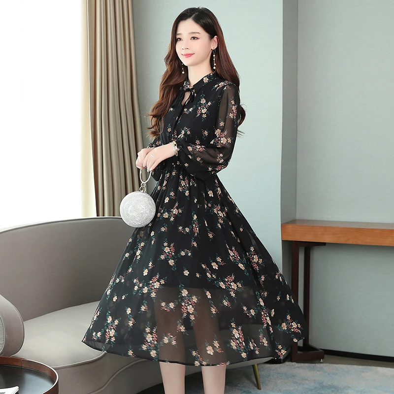 

Fashion Women Print Chiffon Midi Dress 2020 Autumn Casual Long Sleeve A-line Dress Elegant Women Chic Party Vestidos Winter