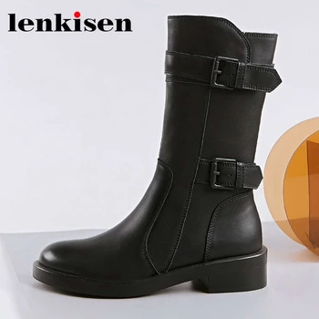 

Lenkisen 2020 new arrival big size cow leather round toe med heel platform riding boots handsome young lady mid-calf boots L9f6