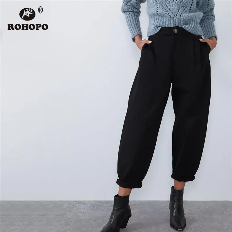 

ROHOPO Black Pleated Harem Pant Back Welted Pockets Solid Full Length Cotton Trousers Female Autumn Buttoms #6229