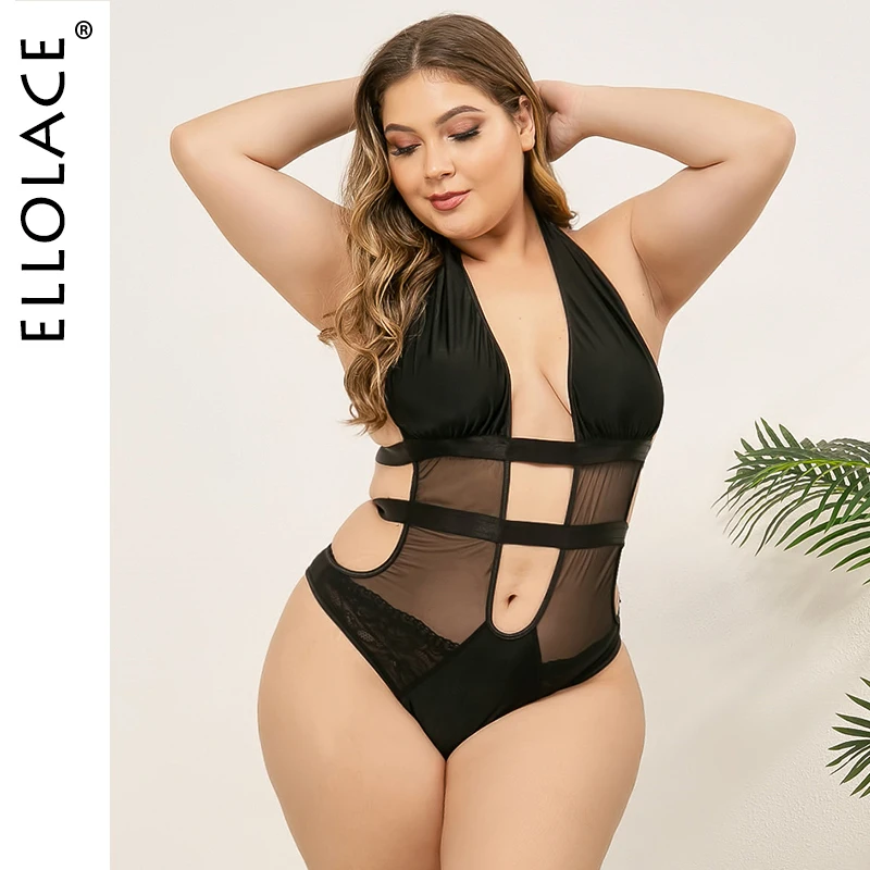 

Ellolace Plus Size Sexy Halter Deep-V Bodysuit Women Hollow Out Bodycon Body Sleeveless Overalls Mesh Backless Rompers Wholesale
