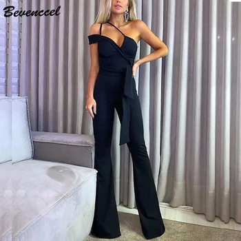 

Bevenccel Black Women Bandage Jumpsuit 2020 New Sexy Summer One Shoulder Straps Bodycon with Belt Rompers Womens Jumpsuit