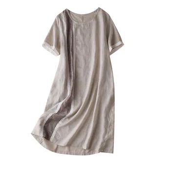 

New 2020 Fashion Summer Dresses Women Short Sleeve Linen Vintage Loose Patchwork Mid-Calf Turn-down Collar Dresses