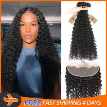 13X4 Deep Wave Frontal 3/4 Bundles With Frontal 100% Natural Human Hair 30Inch Baby Hair Handmade Virgin Hair Weave
