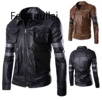 

Motorcycle leather jacket men Color matching stripe Slim fit Multi-pocket lapel short clothes mens leather jackets coats biker