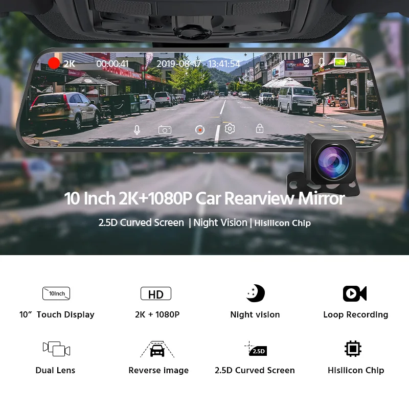 E-ACE A37 Car Dvr 10 Inch Stream Media RearView Mirror 2K Quad HD 1440P Car Camera Night Vision Video Recorder Dual Lens Dashcam