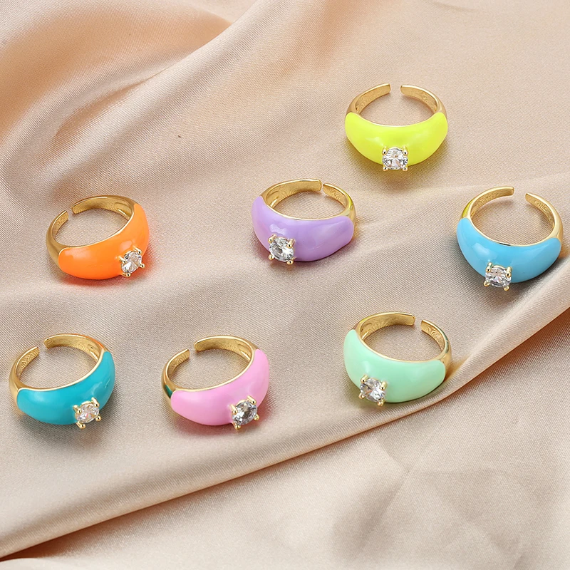 2021 INS Color Rainbow Fashion Rings For Women Finger Jewelry Clear CZ Colorful Neon Enamel Open Adjusted Dome Ring