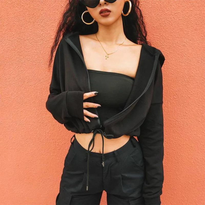 

2019 Winter Explosions Newsolid Short Streetwear Long-sleeved Hooded Zipper Drawstring Street Shooting Hoodies Coat Moletom Bts