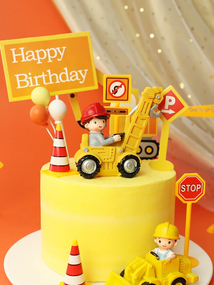Cake Toppers Excavator Engineering Vehicle Decoration Traffic Sign Cake Toppers Boy Birthday Party Baby Shower Baking Supplies Love Gifts