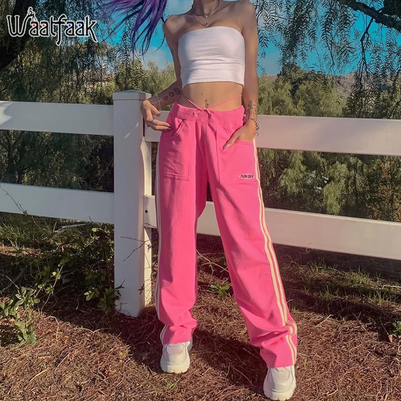 Waatfaak Striped Patchwork Pockets Joggers Women Cotton Pink Sweatpants Casual Loose Y2K Capris Pants Women High Waist Autumn Waatfaak Striped Patchwork Pockets Joggers Women Cotton Pink Sweatpants Casual Loose Y2K Capris Pants Women High Waist Autumn